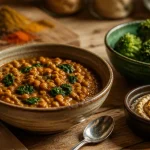 Legumes riches en proteines : bol de lentilles, houmous et brocoli