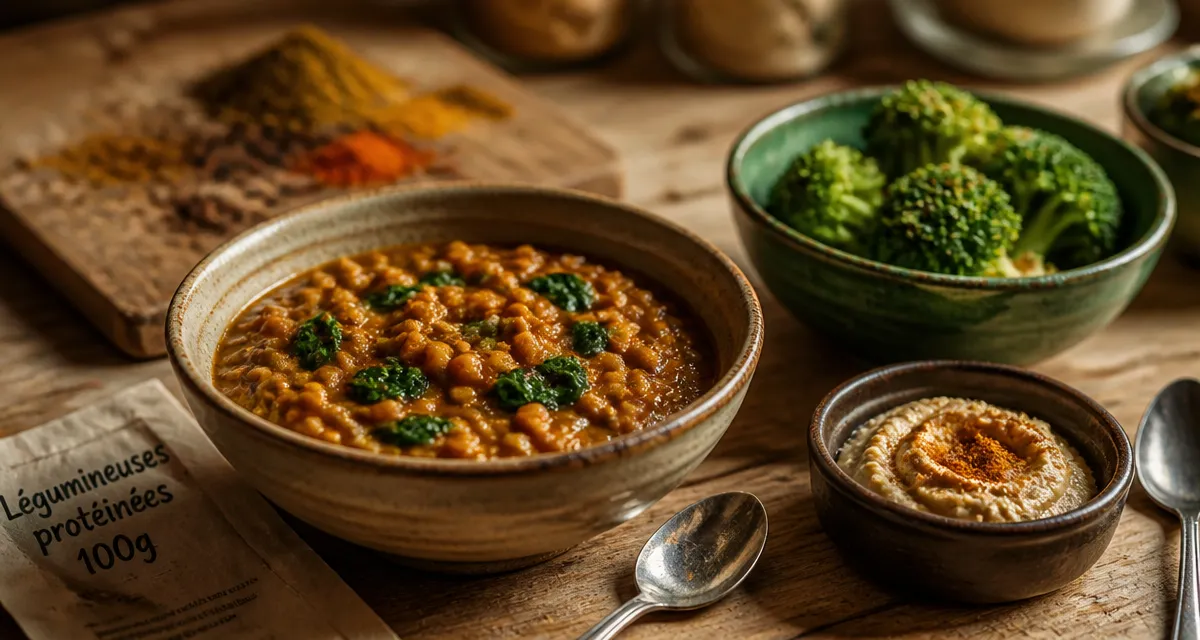 Legumes riches en proteines : bol de lentilles, houmous et brocoli
