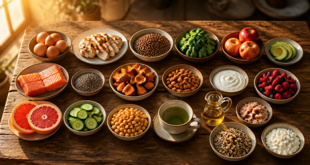 les 20 aliments qui font maigrir présentés sur une table