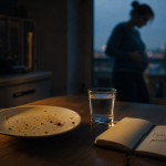 Sensation de faim permanente estomac : assiette, eau et note « Faim persistante »