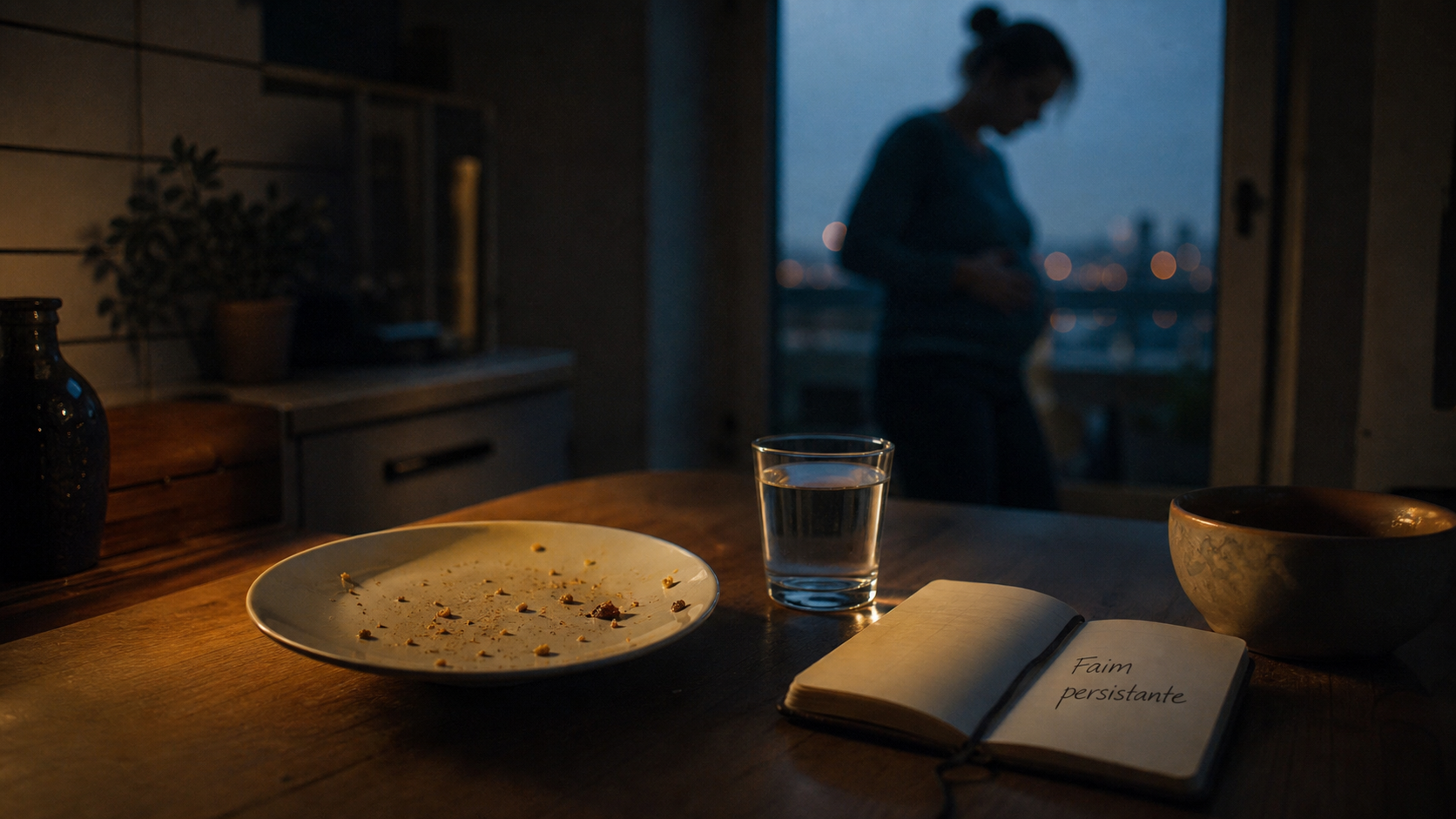 Sensation de faim permanente estomac : assiette, eau et note « Faim persistante »