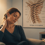 Femme souffrant de vertiges dus aux cervicales en cabinet