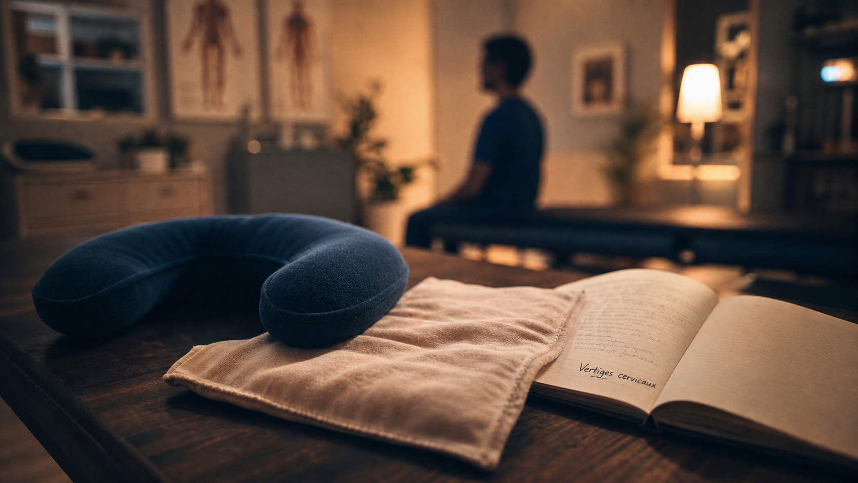 Cervicales et vertiges : coussin cervical, compresse chaude et notes médicales