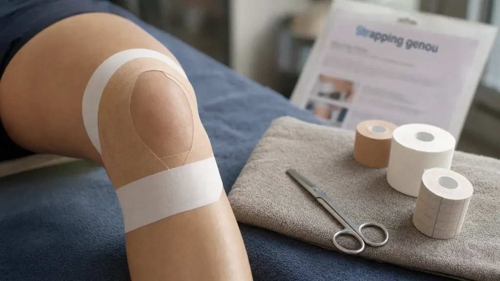 Comment strapper un genou sans comprimer : strapping sur rotule et tibia, matériel visible.