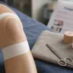 Comment strapper un genou sans comprimer : strapping sur rotule et tibia, matériel visible.
