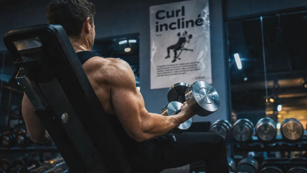 Curl incliné haltères sur banc 45°, coudes fixes