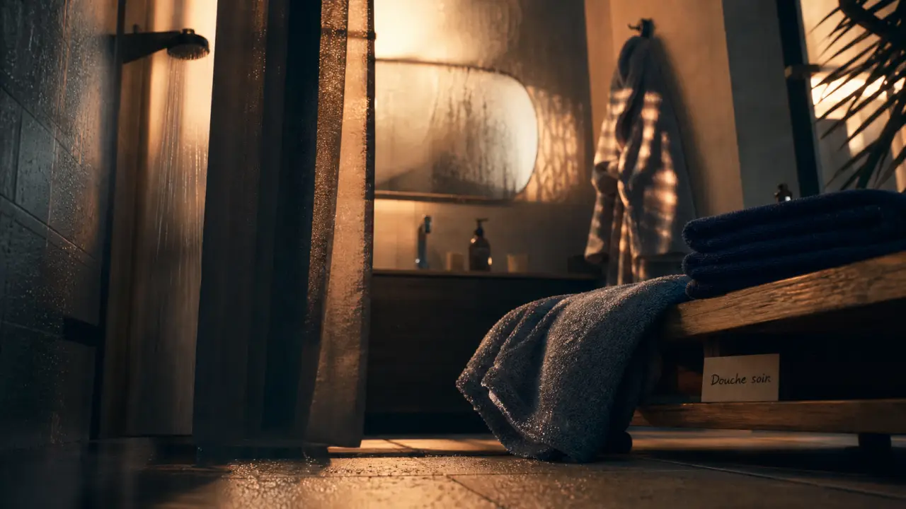Douche le matin ou le soir, pommeau et vapeur dans la salle de bain