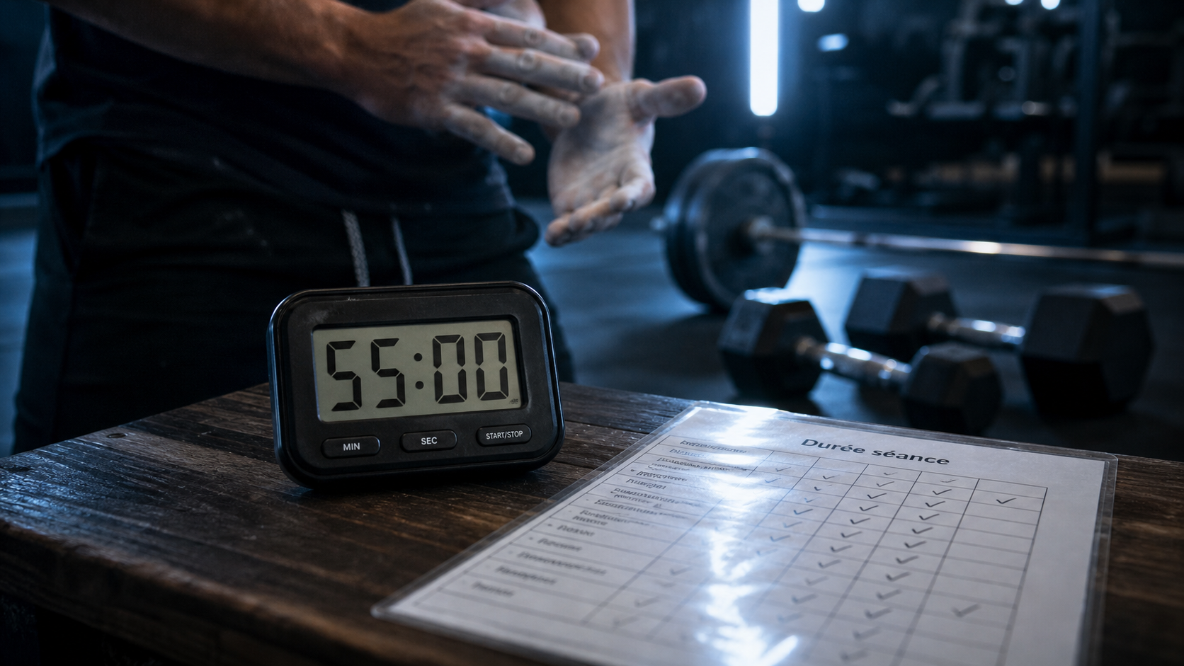 Durée séance musculation 45 à 75 minutes, chrono sur banc de musculation