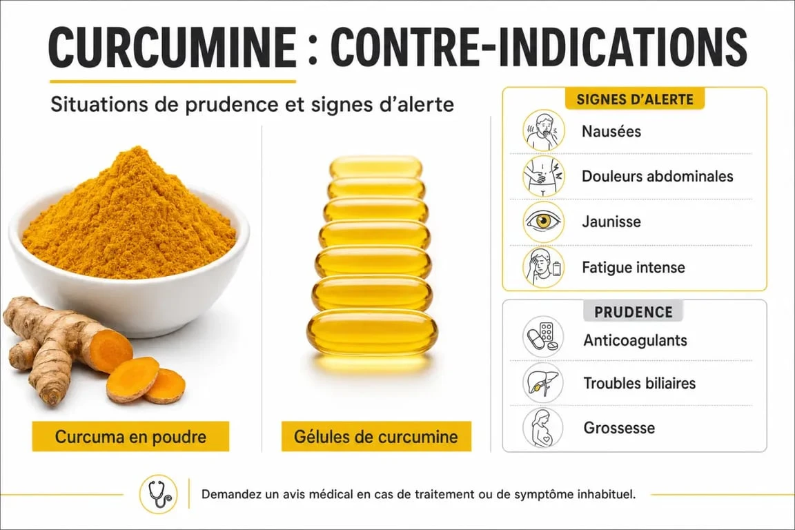 Curcuma contre indication : infographie sur les contre-indications, les doses de prudence et les signes d’alerte