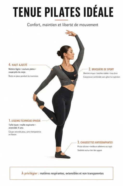 Infographie des critères pour choisir sa tenue pour pilates adaptée