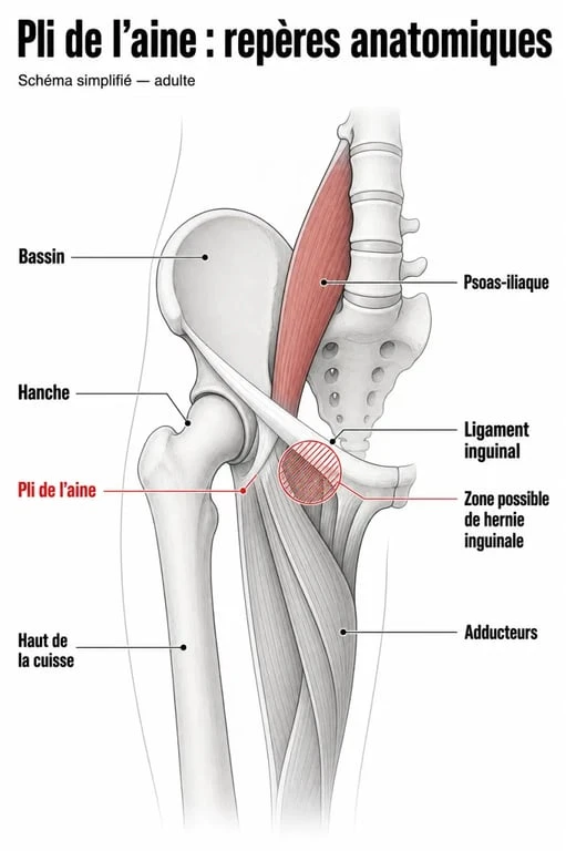 Schéma de blessure à l'aine montrant les adducteurs, la hanche et le psoas