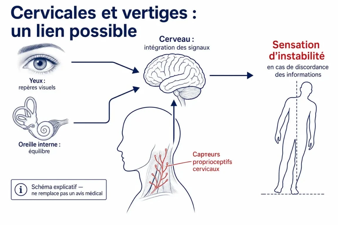 Schéma expliquant le lien entre cervicales et vertiges via la proprioception du cou, les yeux et l’oreille interne