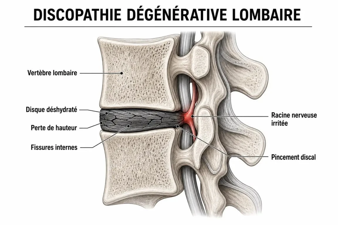 Discopathie dégénérative lombaire : schéma du disque usé, pincement discal et compression nerveuse