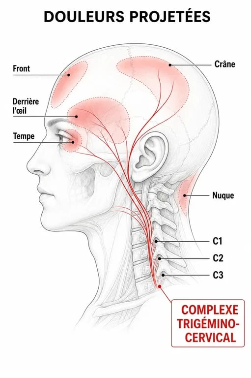 Schéma des maux de tête et cervicales montrant le lien entre la nuque, les vertèbres C1 C2 C3 et les zones de douleur projetée