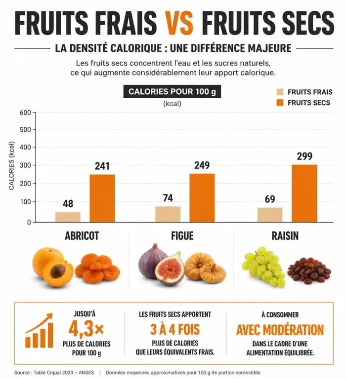 Infographie comparative des calories : fruits frais vs fruits secs pour le tableau calories fruits secs