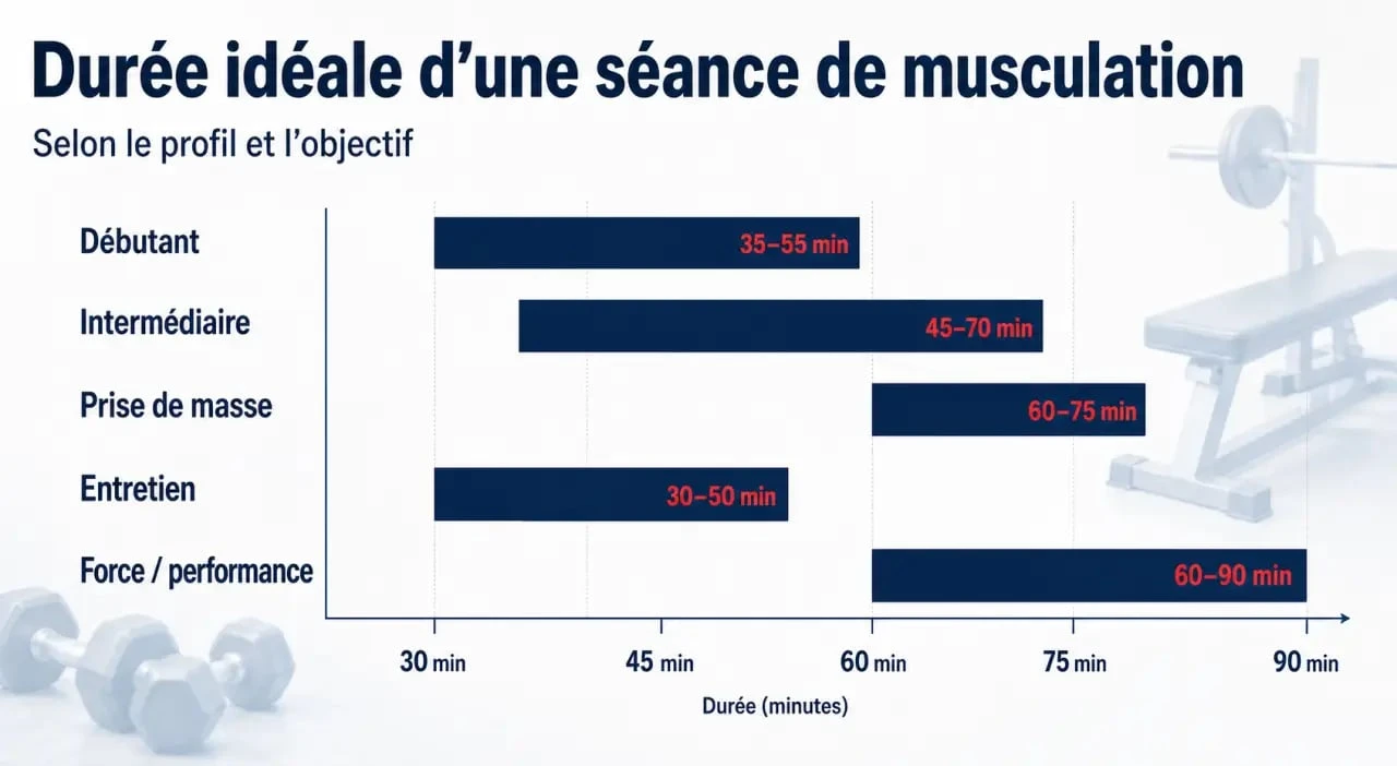 Durée séance musculation : comparatif visuel des durées idéales selon le niveau et l’objectif