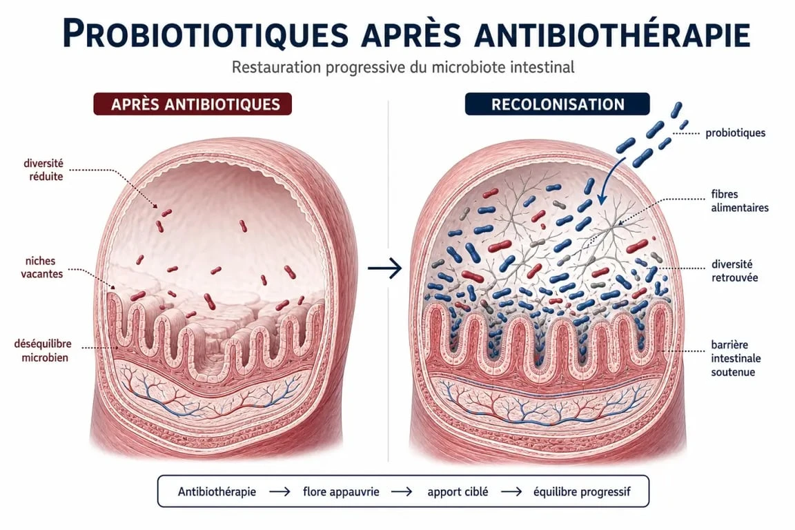 Probiotique après antibio : schéma du microbiote intestinal perturbé puis en reconstruction