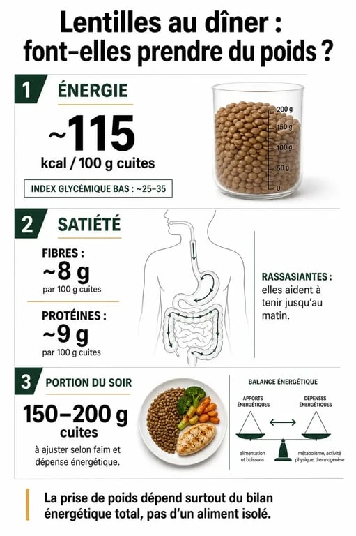 Manger des lentilles le soir fait grossir : infographie sur calories, fibres, protéines et portion