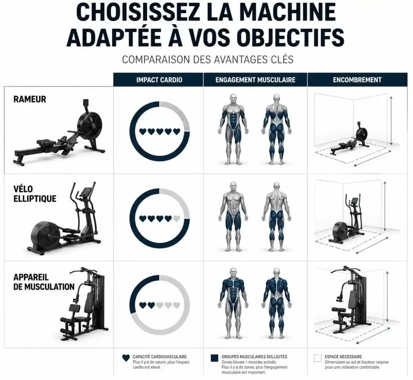 Infographie comparative des appareils de sport pour un travail complet du corps : rameur, vélo elliptique et station de musculation.
