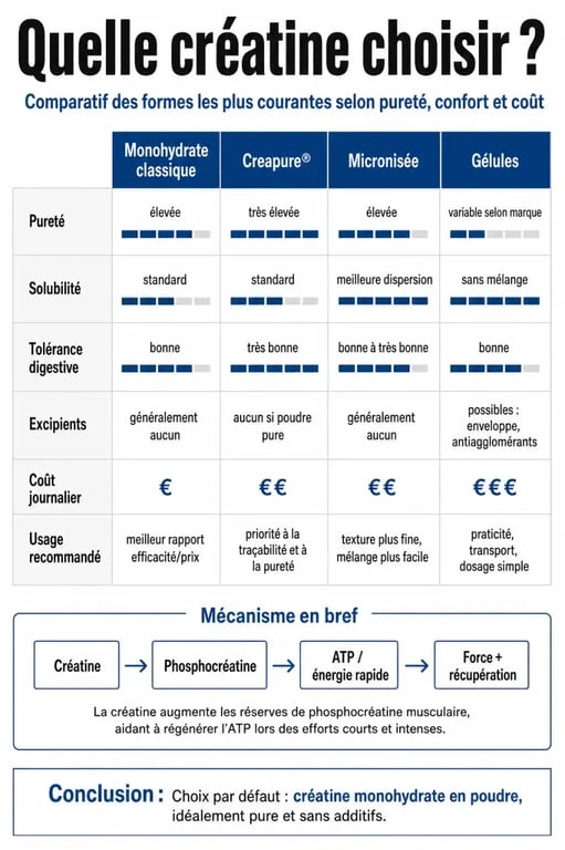 Créatine la meilleure : comparatif des formes, pureté, solubilité et prix journalier