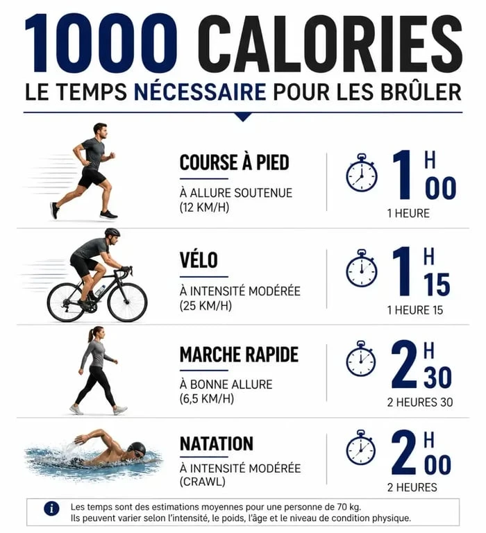 Infographie montrant le temps nécessaire pour brûler 1000 calories par jour selon l'activité physique