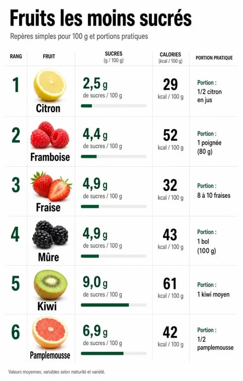 Infographie sur les fruits les moins sucrés avec comparatif des teneurs en sucre et des portions