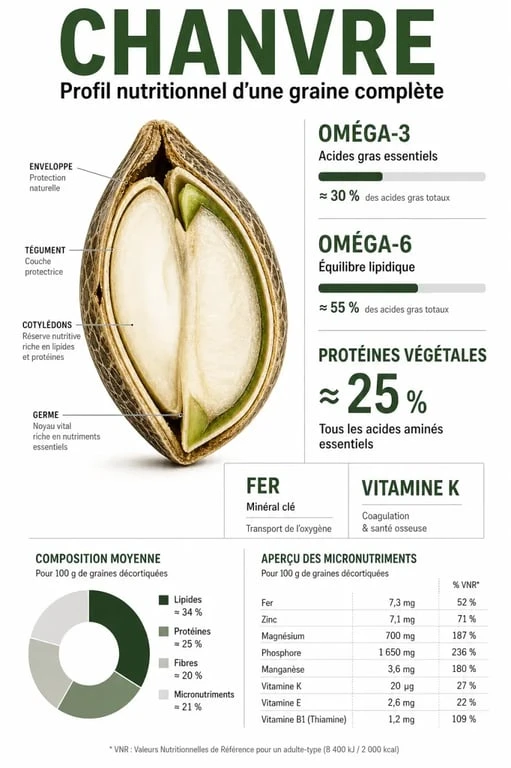 Infographie sur les bienfaits nutritionnels et les composants du chanvre pour la santé