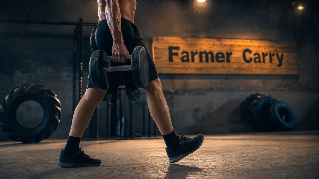Farmer carry : athlète avec haltères, grip et gainage