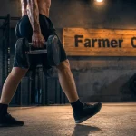 Farmer carry : athlète avec haltères, grip et gainage