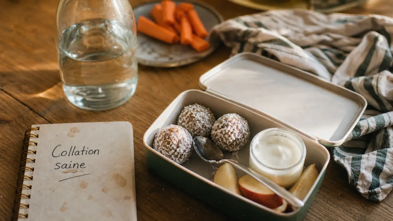 Idées de collations saines : energy balls, yaourt et pomme sur une table