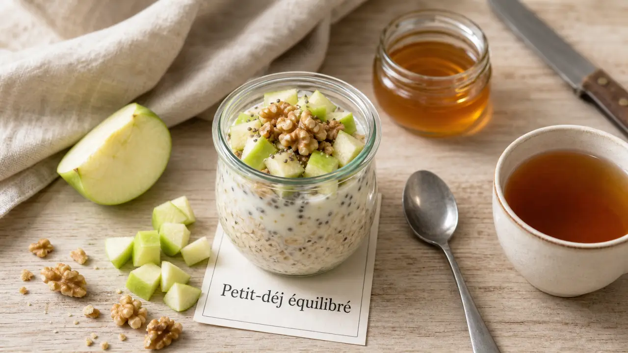 Idées de petit-déjeuner équilibré : overnight oats protéinés, avoine, yaourt grec et chia