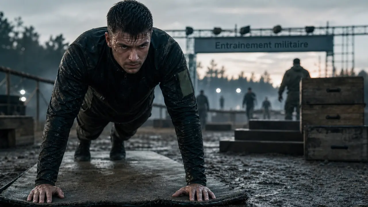 Militaire entrainement : athlète gainage sur tapis de sport