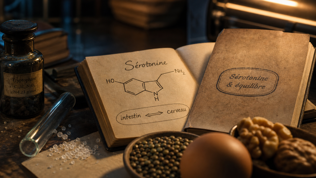 Qu est ce que la serotonine ? Schéma intestin-cerveau sur carnet de laboratoire