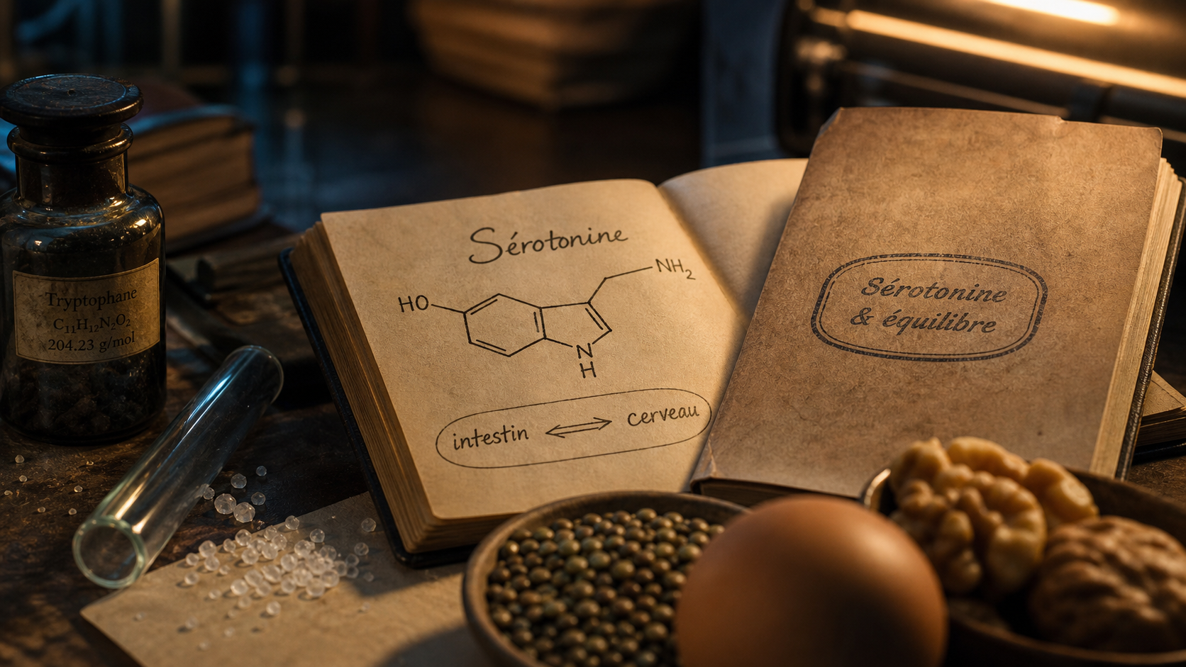 Qu est ce que la serotonine ? Schéma intestin-cerveau sur carnet de laboratoire
