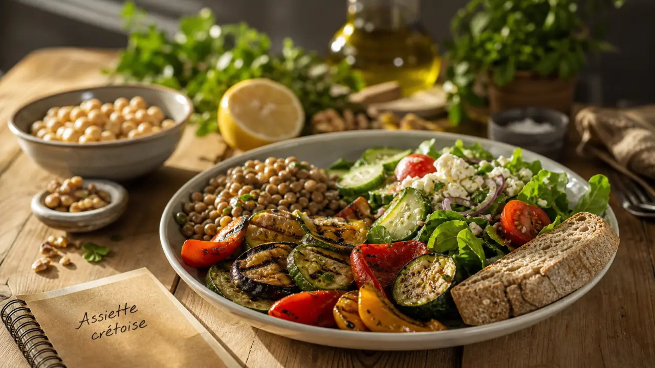 Assiette regime cretois : legumes, lentilles, huile d’olive et citron