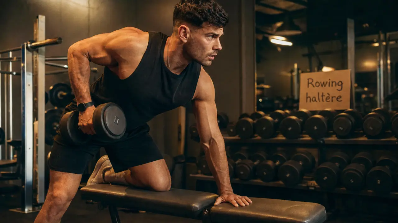 Rowing halteres : prise neutre, dos plat, tirage haltère propre