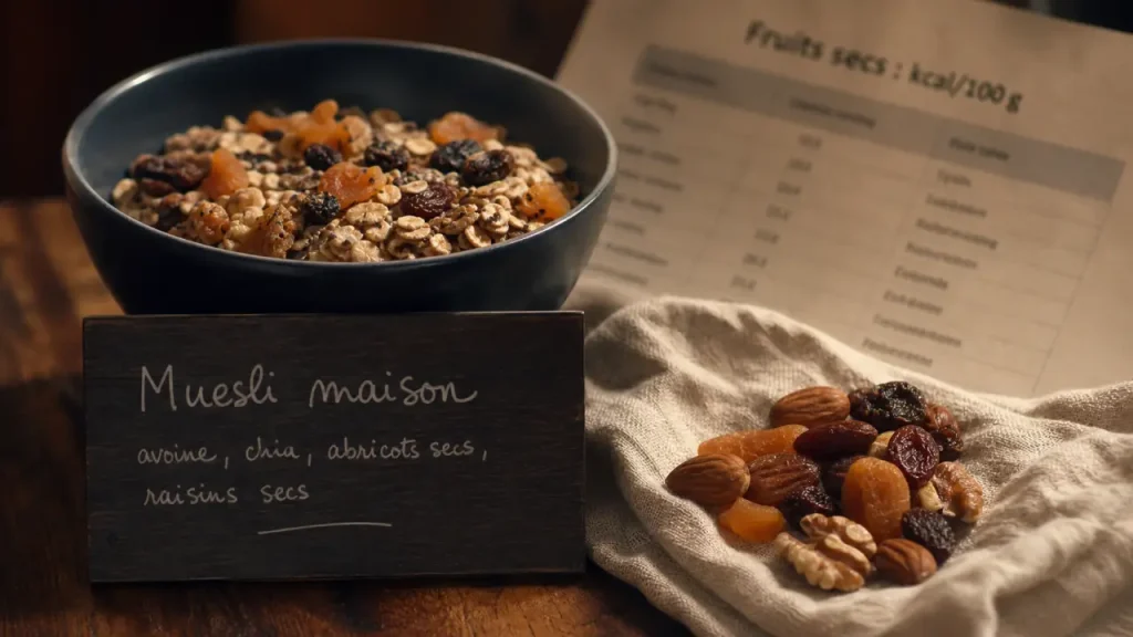 Tableau calories fruits secs en gros plan, bol muesli et fruits secs