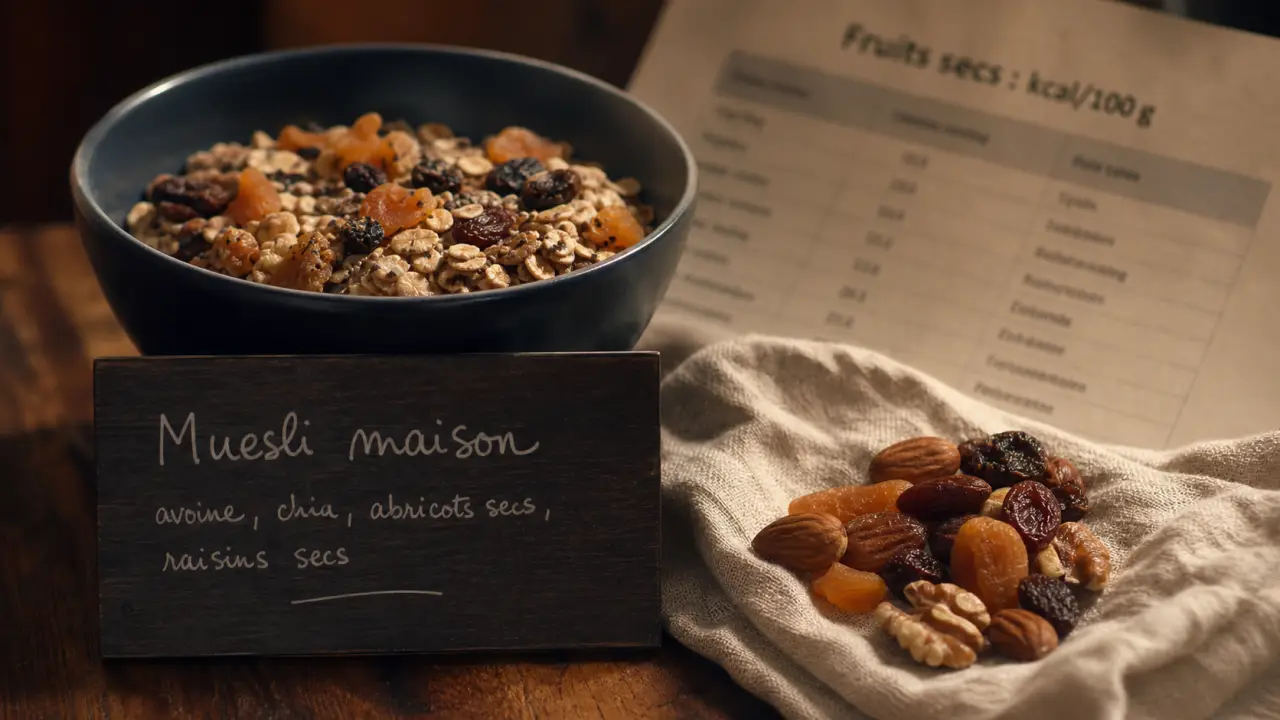 Tableau calories fruits secs en gros plan, bol muesli et fruits secs