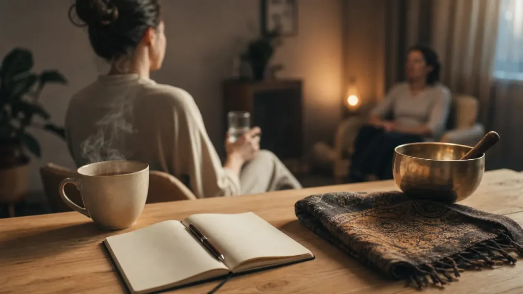 Thérapies holistiques : tasse, carnet et méditation en consultation