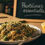 Aliment proteine : assiette quinoa lentilles, sources de protéines