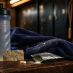 Electrolytes sodium sport après la sueur : gourde et sel sur serviette