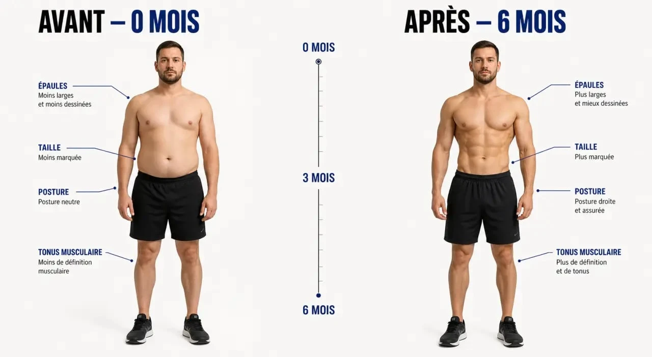Fitness avant apres 6 mois : transformation corporelle en diptyque avec progression sur six mois