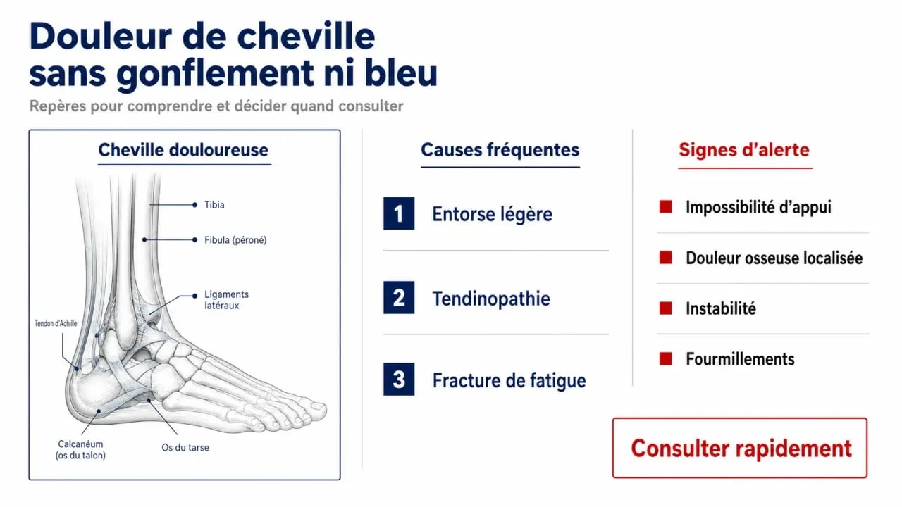 Douleur cheville sans gonflement ni bleu : schéma des causes possibles et des signes d’alerte