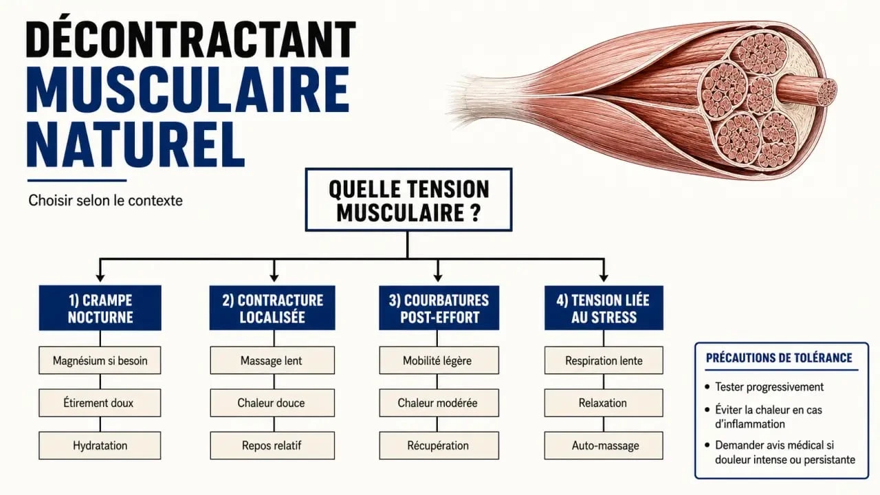 Décontractant musculaire naturel : visuel comparatif des solutions selon la crampe, la contracture, les courbatures et le stress