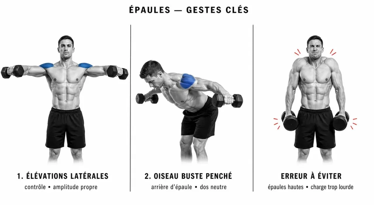Exercice epaule : vignettes techniques sur les élévations latérales, l’oiseau et les erreurs à éviter