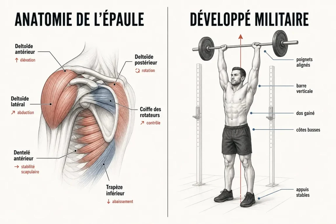 Exercice epaule : schéma éditorial des faisceaux du deltoïde et du développé militaire correct
