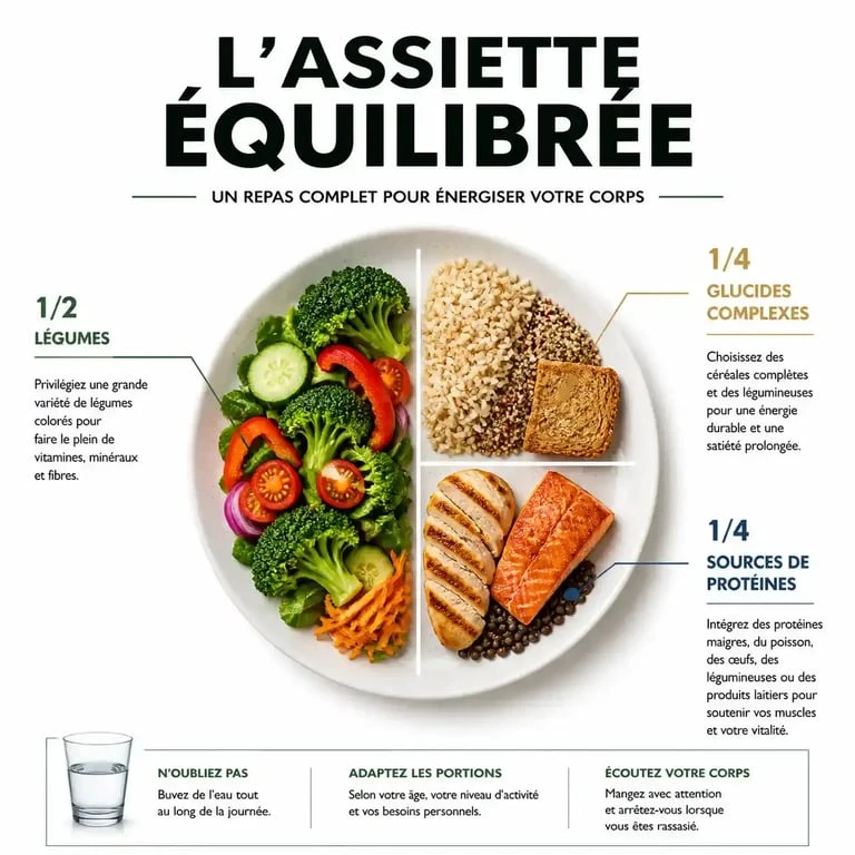 Schéma de composition d'une assiette équilibrée riche en protéines