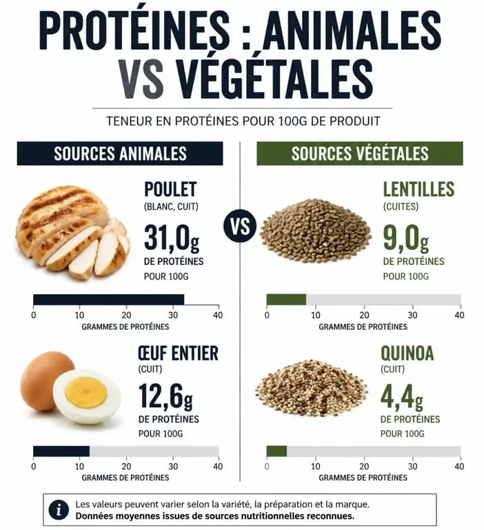Infographie comparative des sources d'aliments protéines animales et végétales