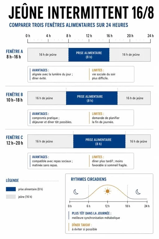 Infographie jeûne intermittent 16 8 : fenêtres horaires et rythmes circadiens