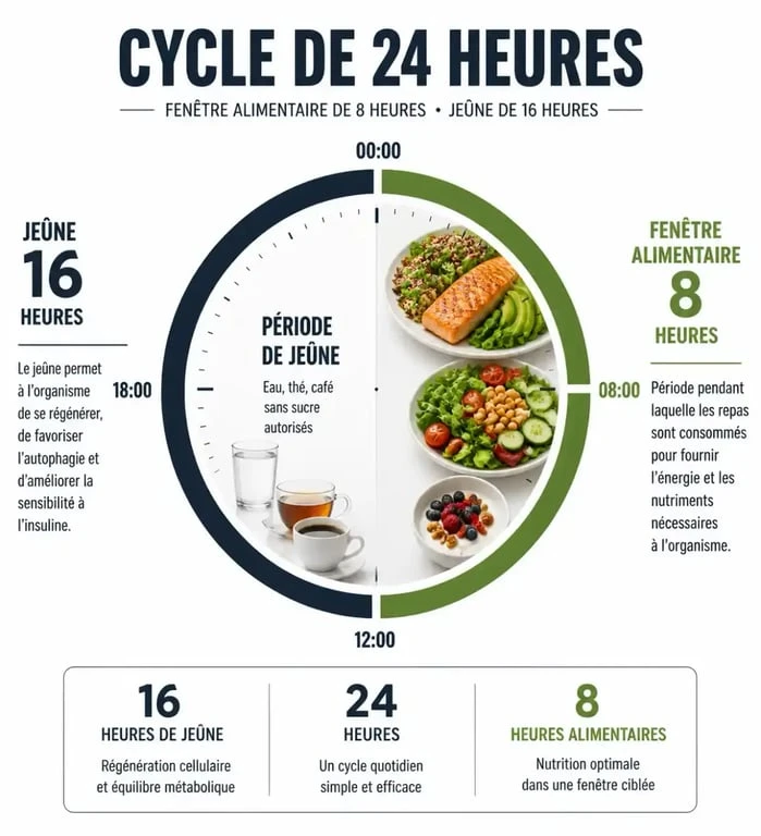 Infographie du cycle de jeûne intermittent 16/8 expliquant la fenêtre alimentaire et la période de jeûne